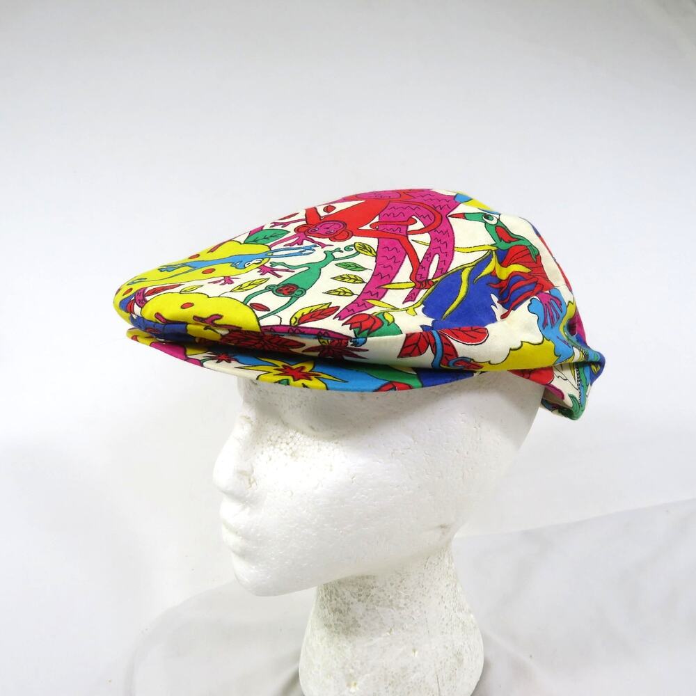 Newsboy Style Cap Hat Monkeys Jungle Colorful Made in USA Sz XL? 1970s